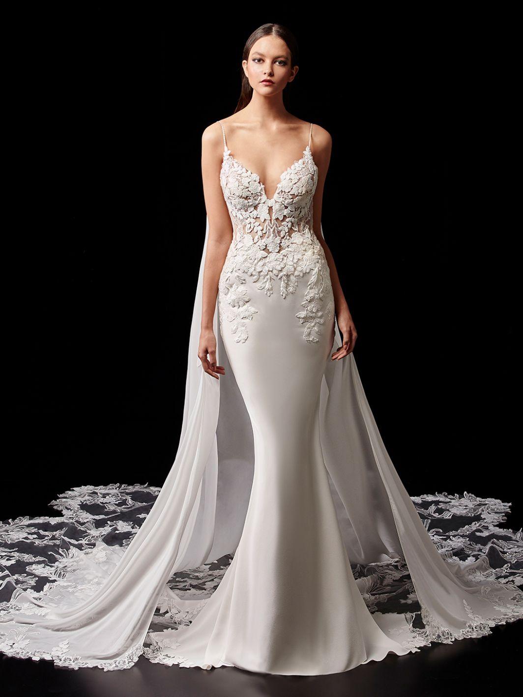 Pearl, Enzoani, Georgette Gown with Statement Lace Train